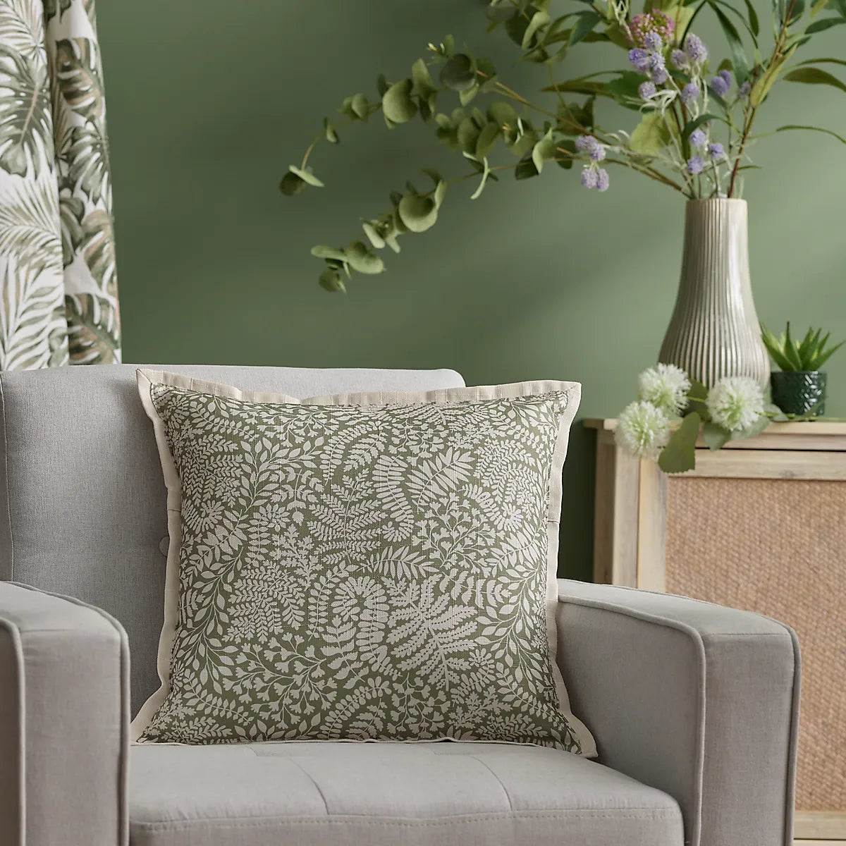 Gallery Leaf Print Cushion Elegant Natural Olive Green Home-Furniture Kingdom